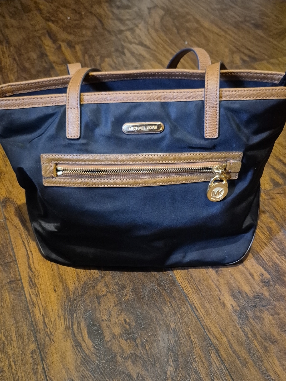 Michael Kors Black Nylon Tote with Brown Leather Trim